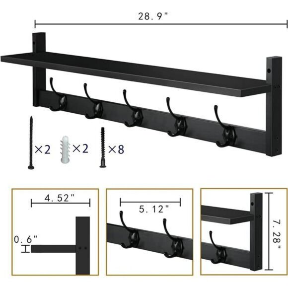 Wall Mounted Shelf With Hooks Entryway Organizer Rack Black Wood Hanging Shelf - Picture 6 of 8